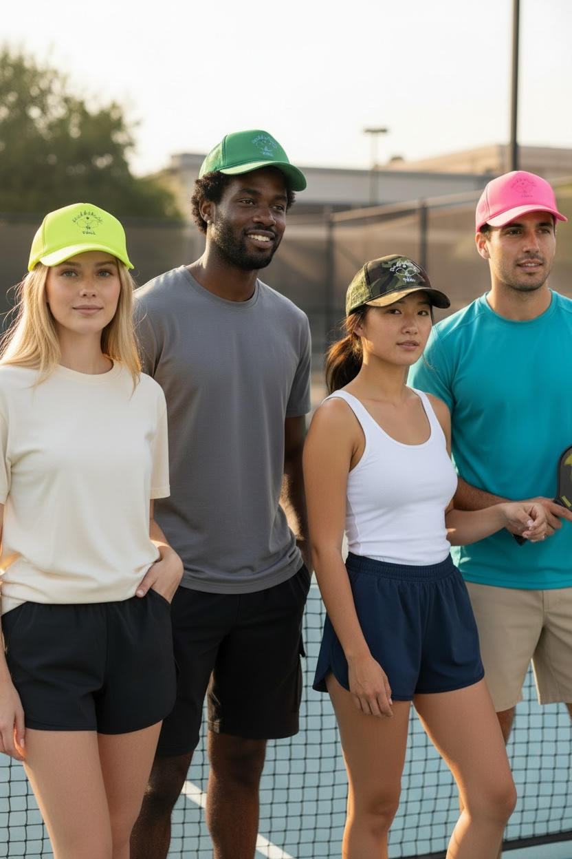Four people standing on a tennis court wearing colorful caps.